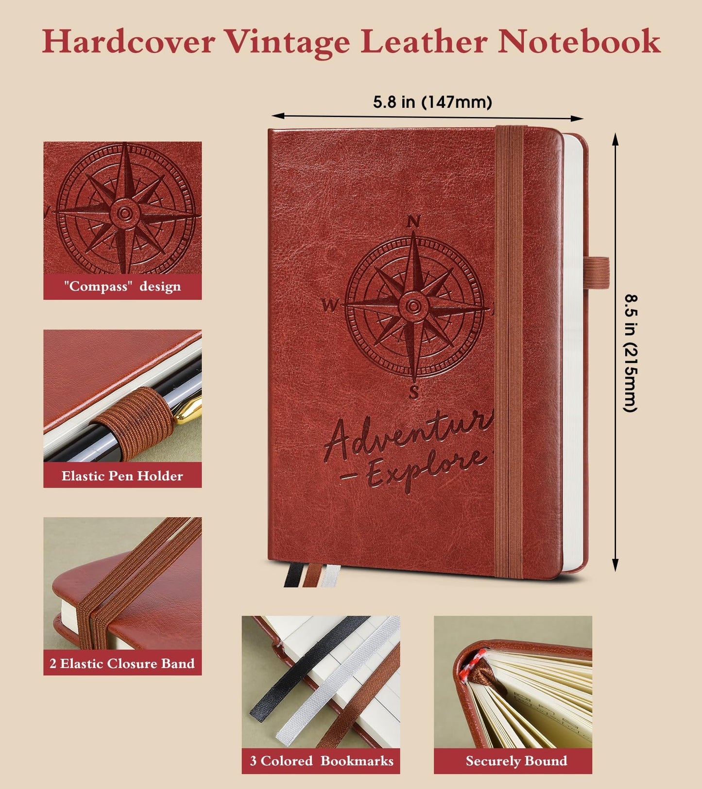 PAIBAS Lined Journal Notebook for Women Men, 160 Pages, A5 Hardcover Vintage Leather Journaling