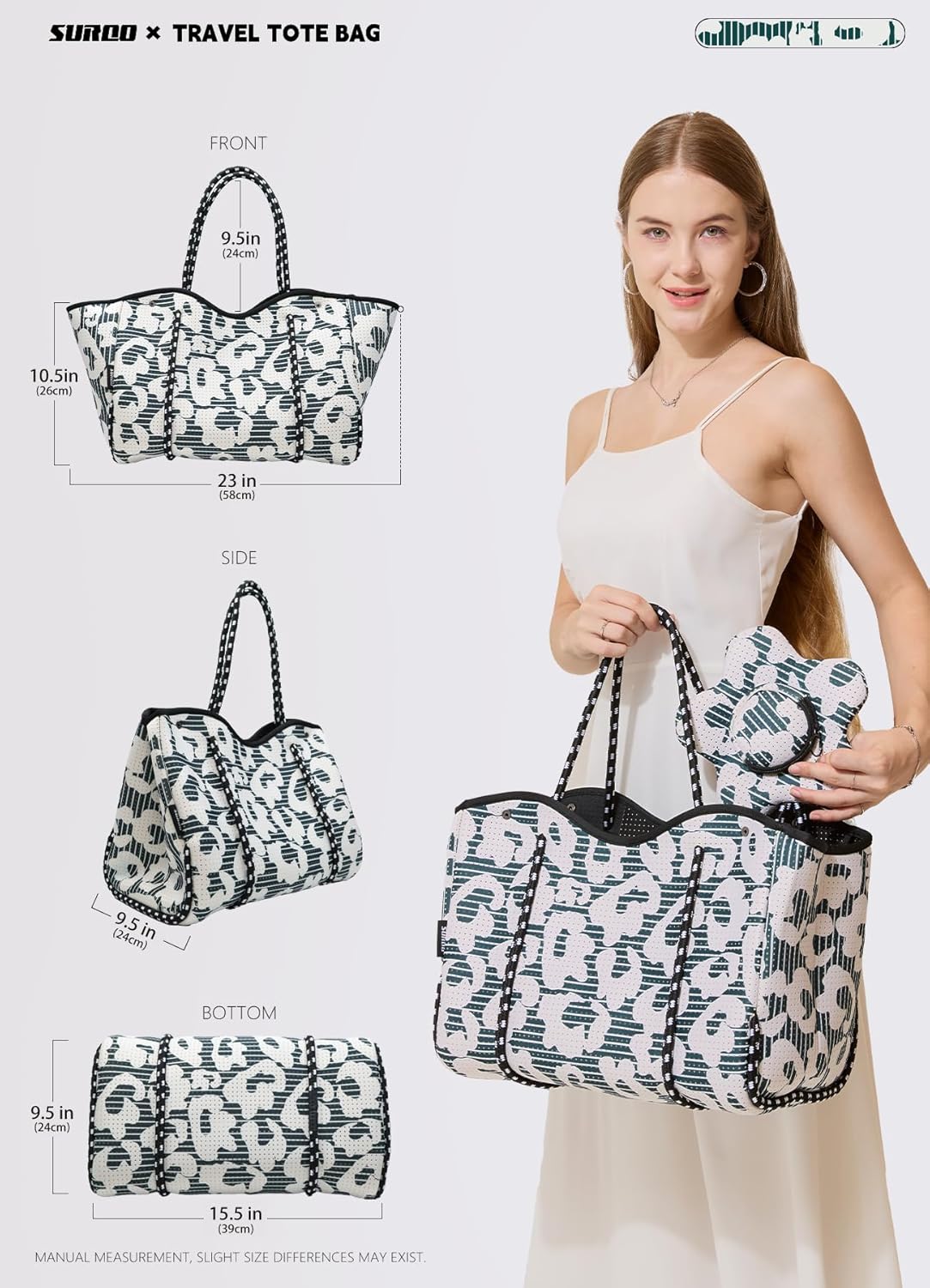 Neoprene Beach Bag for Women, Large Travel Tote Gym & Pool Bag, Detachable Pouch