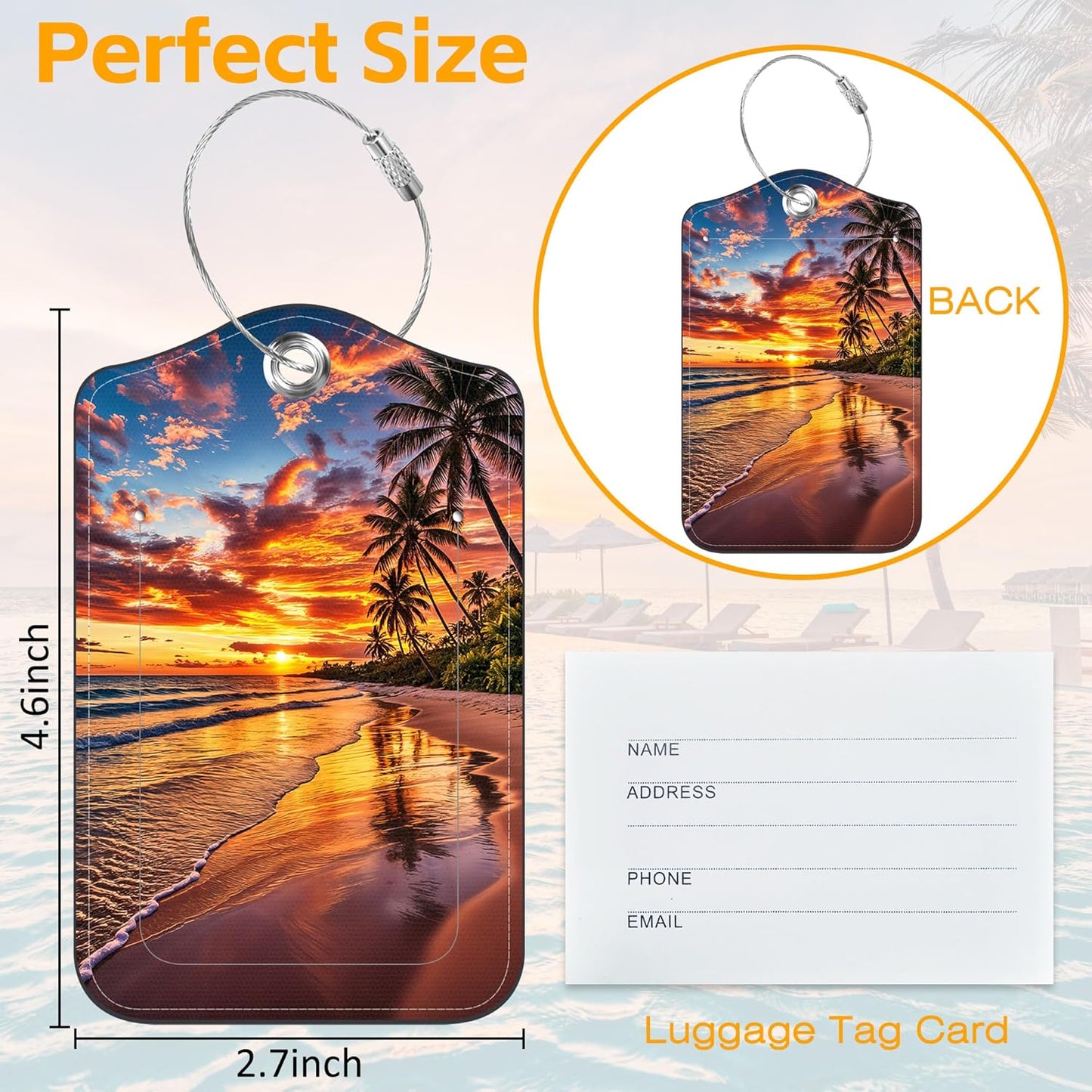 Luggage Tags for Suitcase 3 PCS Sunset Beach Coconut Trees Leather Travel Luggage Tag with Stainless Steel Loop Name ID Label Privacy Cover for Women Men Travel