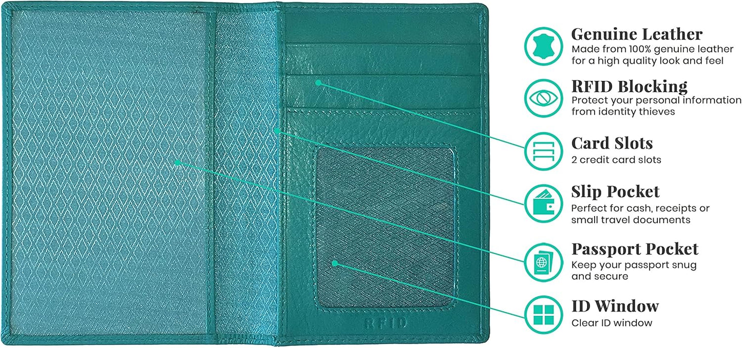 Personalized Monogrammed Teal Leather RFID Passport Wallet and Luggage Tag