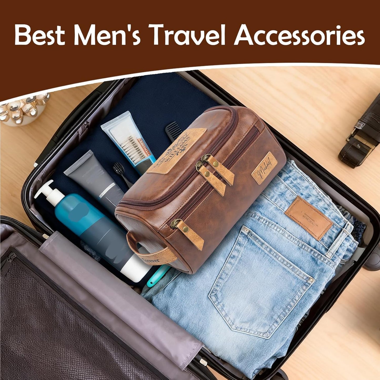 Bleggeit Personalized Toiletry Bag for Men, Laser Engraving on Leather Label, Waterproof PU Leather Toiletry Bag, Men's Travel Accessories, Gifts for Men, Dad, Husband, Boyfriend, Birthday Xmas Gifts