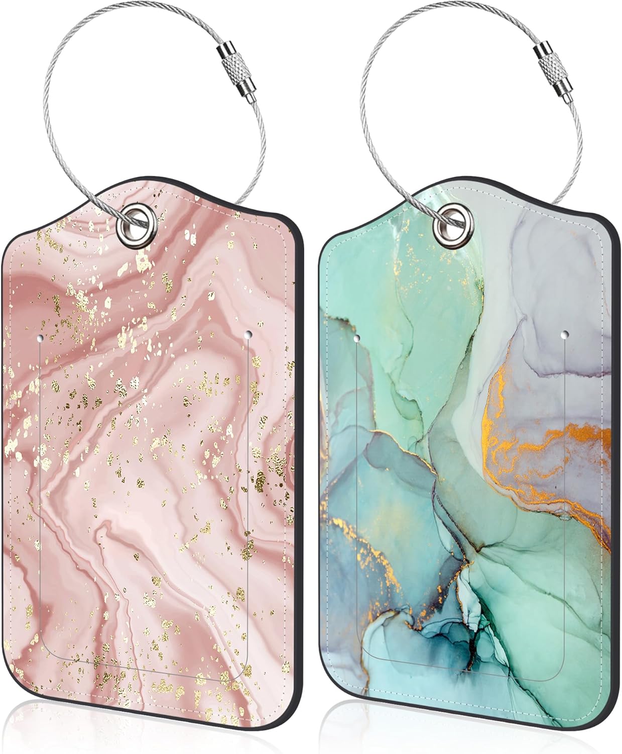 Pink Marble Luggage Tags Set of 2 Colorful Ink Painting PU Leather Travel Baggage Tags with Privacy
