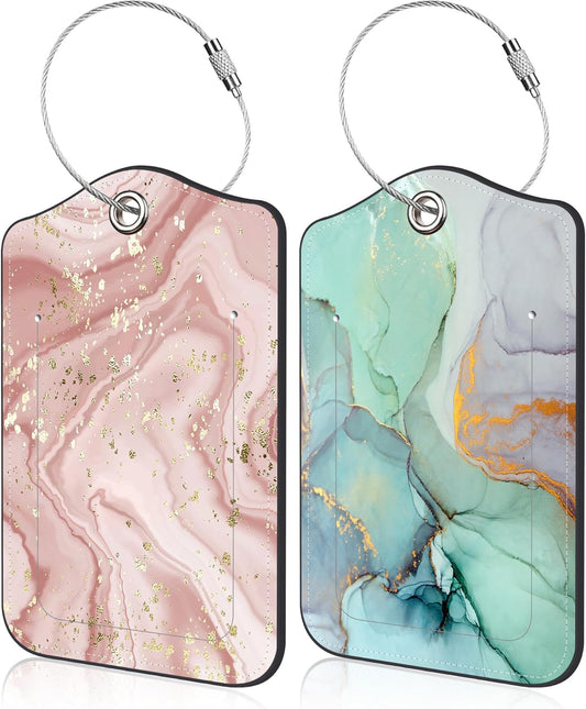 Pink Marble Luggage Tags Set of 2 Colorful Ink Painting PU Leather Travel Baggage Tags with Privacy Cover and Stainless Steel Loop for Teens Adults Travel Bag Suitcase