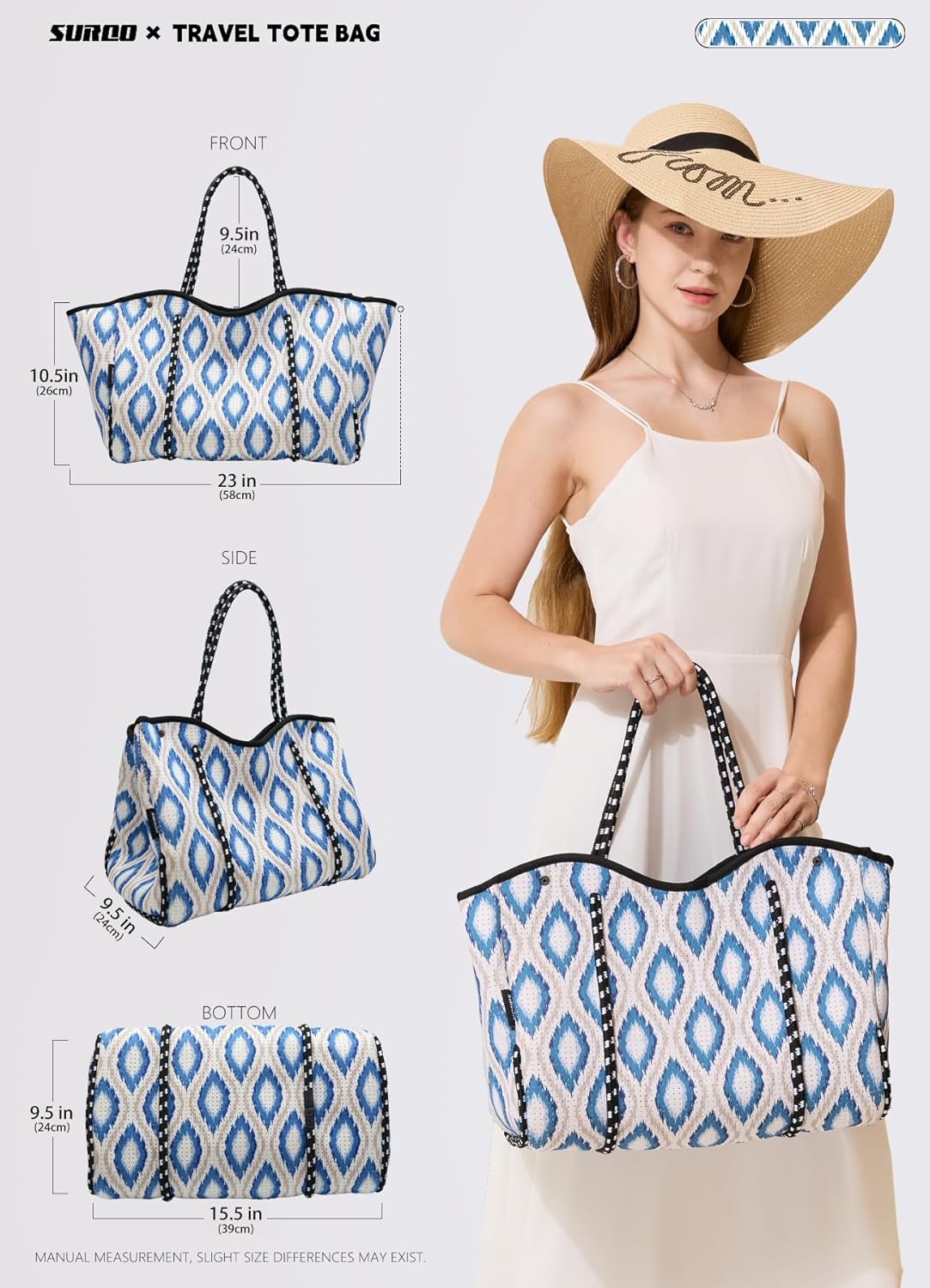 Neoprene Beach Bag for Women, Large Travel Tote Gym & Pool Bag, Detachable Pouch