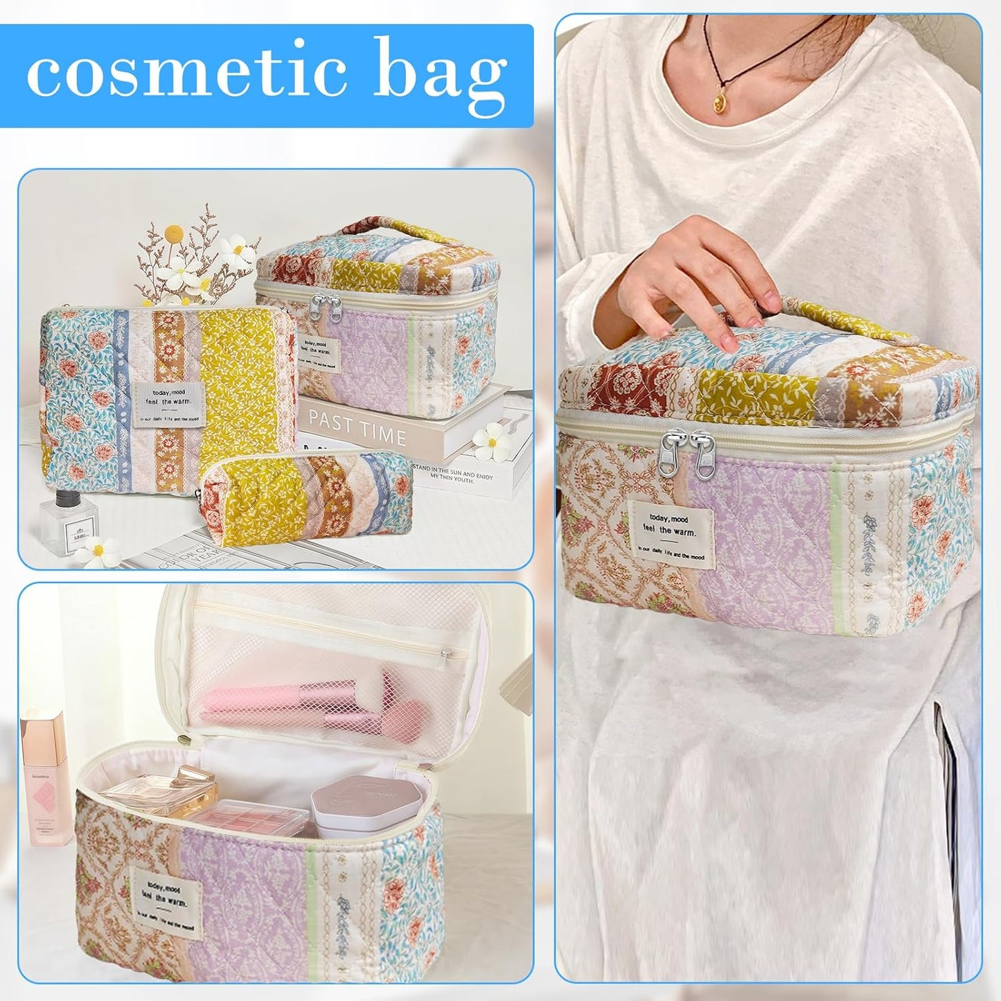 Quilted Makeup Bag, Large Capacity Travel Cosmetic Bag for Women and Girls, Aesthetic Storage for Daily and Travel Use (3pcs-EthnicStyle)