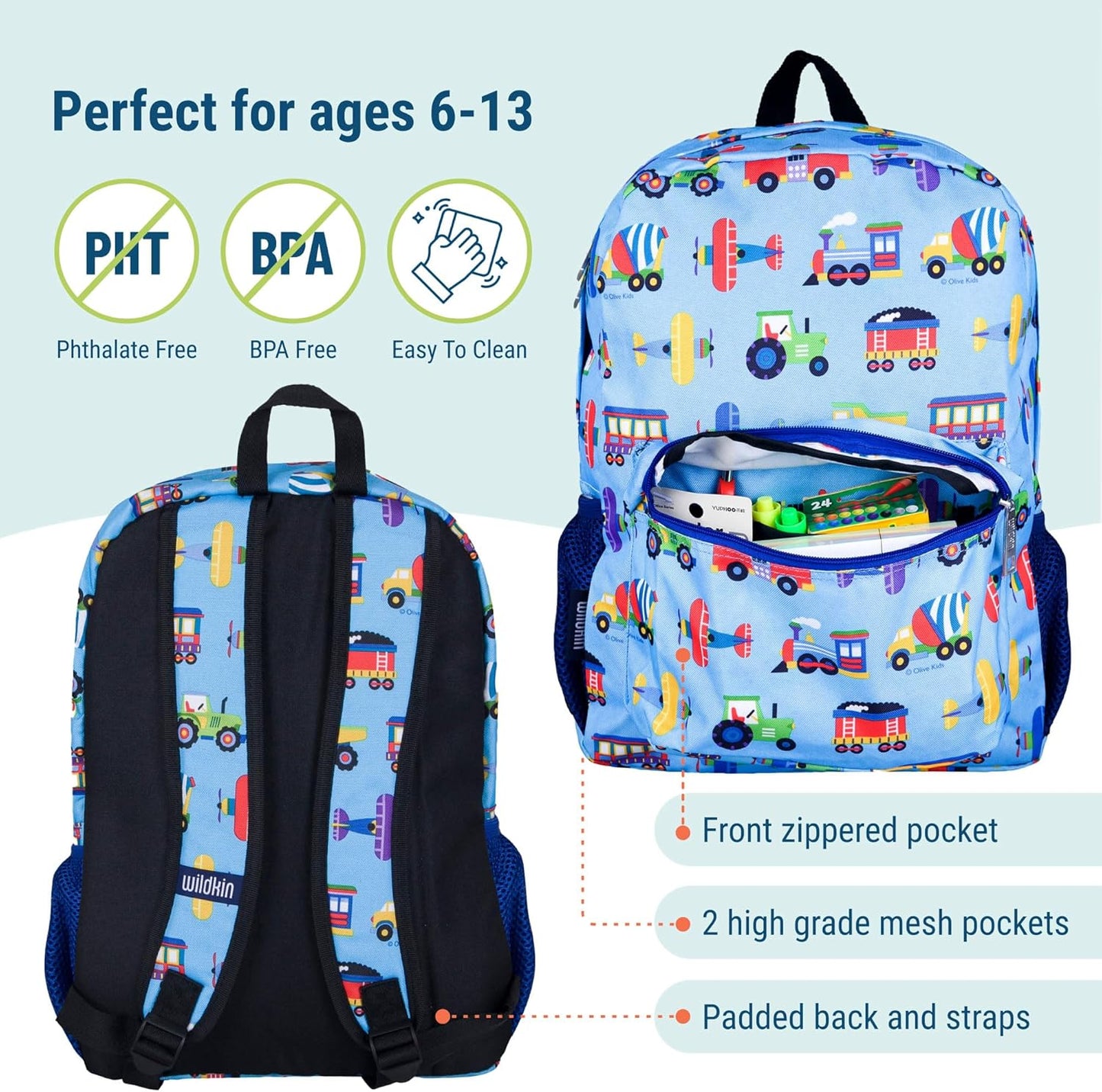 Wildkin 16-inch Kids Backpack – Durable, Padded & Spacious School Bag for Boys & Girls - Trains