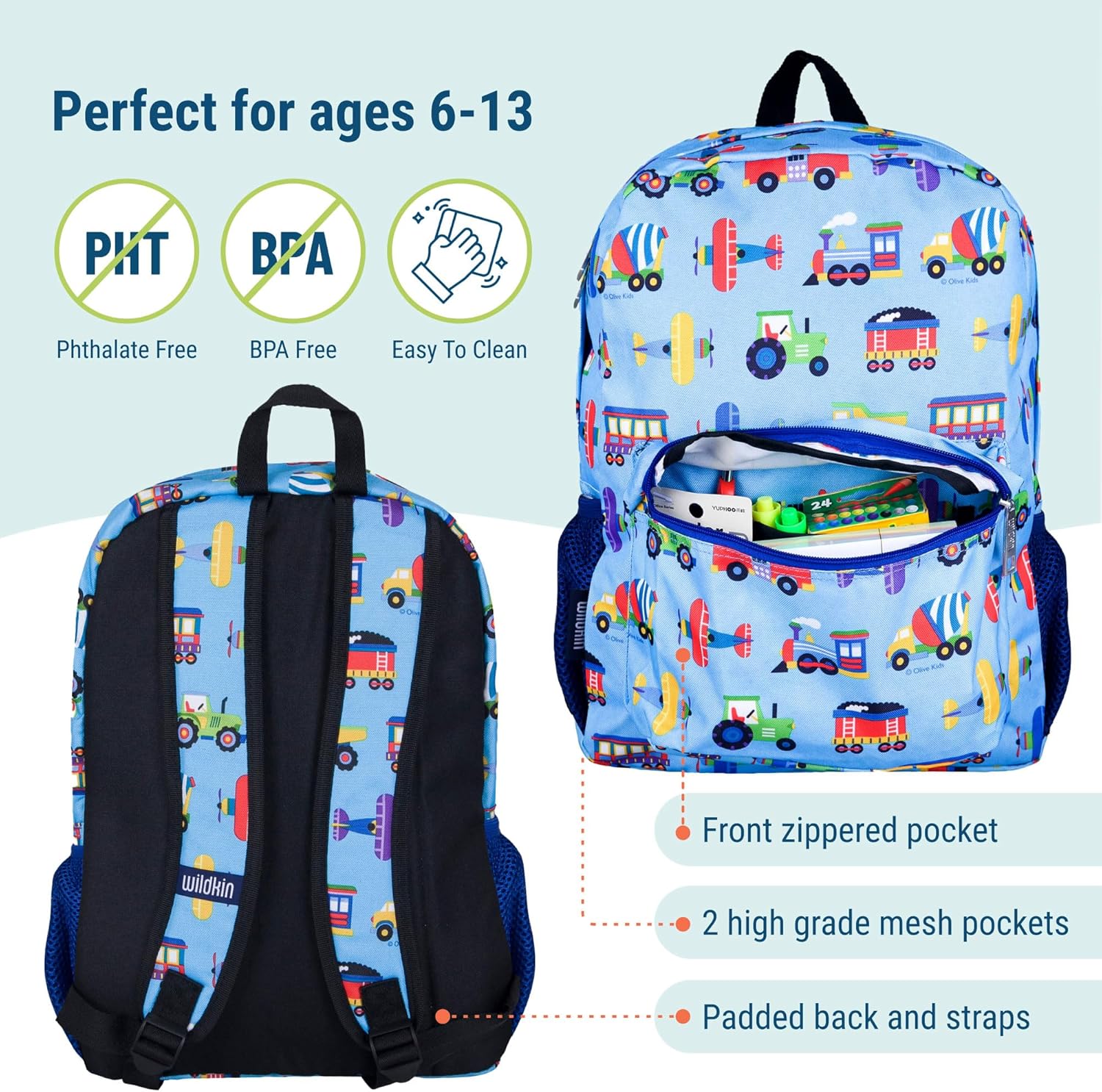 Wildkin 16-inch Kids Backpack – Durable, Padded & Spacious School Bag for Boys & Girls - Trains
