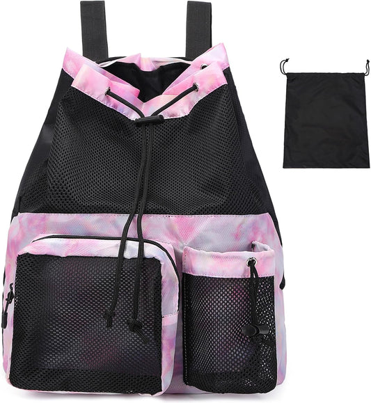 Lohol Large Mesh Drawstring Backpack with Shoe Bag, Durable Swimming String Sack with Handle for Sports Gym Yoga Beach Travel