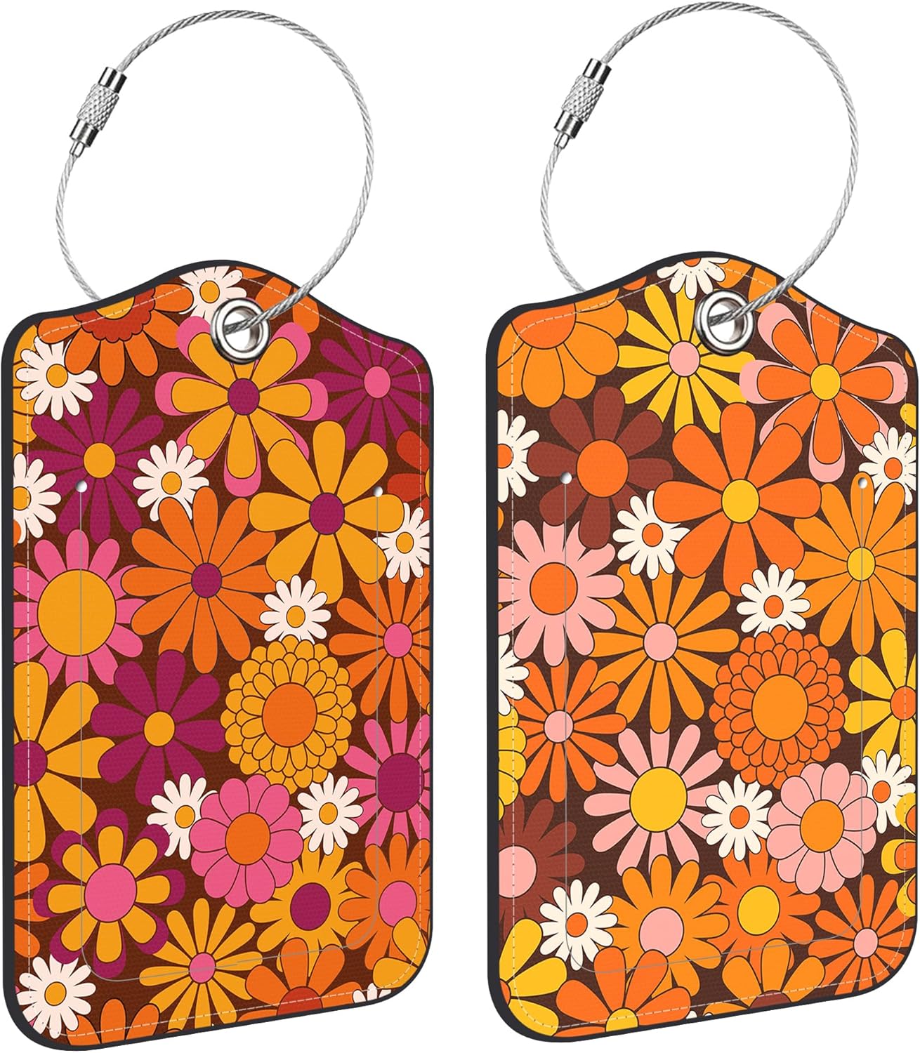 Hippie Flower Luggage Tag for Suitcase 2 Pack Leather Luggage Tag with Privacy Flap Name ID Label and Metal Loop for Women Men Travel