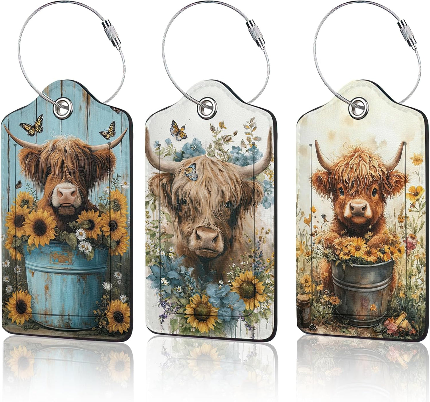 Highland Cow Luggage Tags for Suitcase,3 Pack Cow Sunflower Luggage Tag Leather Privacy Cover ID Label with Stainless Steel Loop for Women Men
