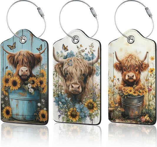 Highland Cow Luggage Tags for Suitcase,3 Pack Cow Sunflower Luggage Tag Leather Privacy Cover ID Label with Stainless Steel Loop for Women Men