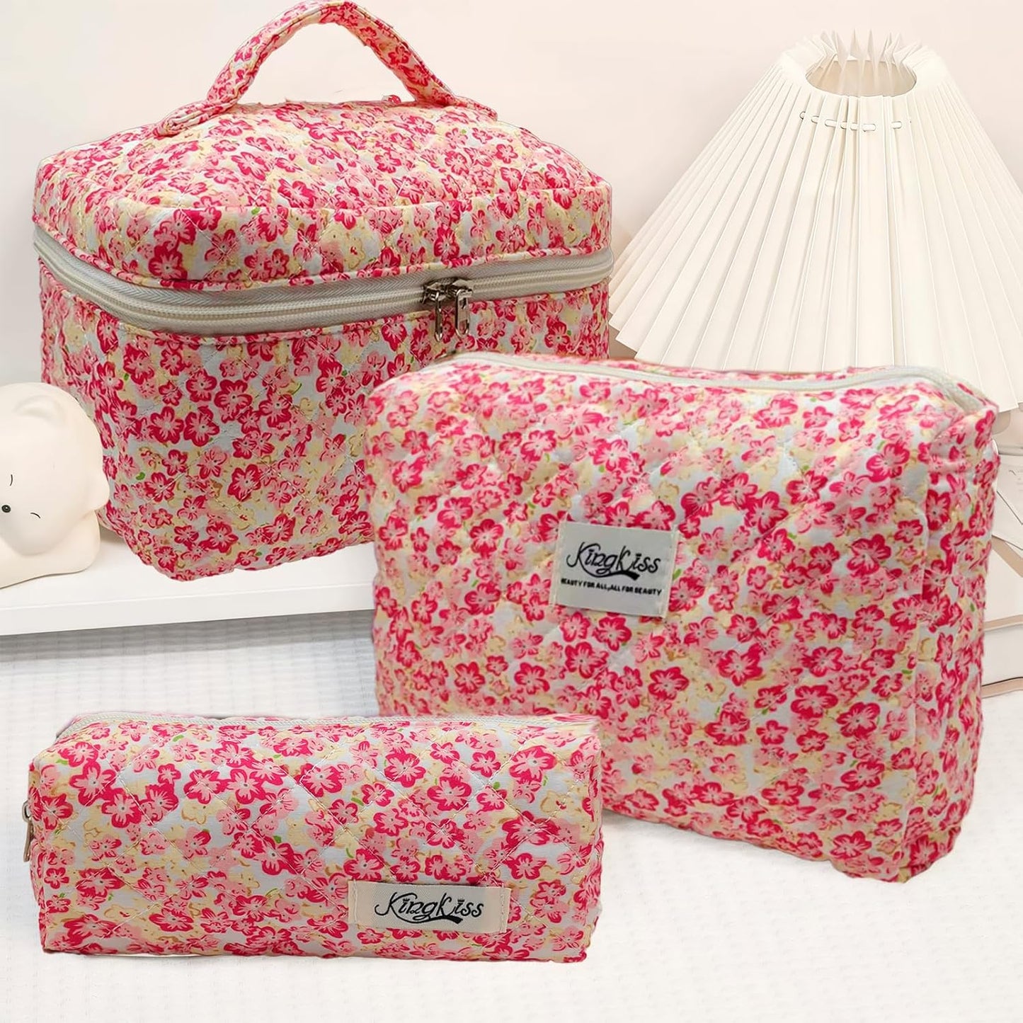 Quilted Makeup Bag, Large Capacity Travel Cosmetic Bag for Women and Girls, Aesthetic Storage for Daily and Travel Use (3pcs-Red Flowers)