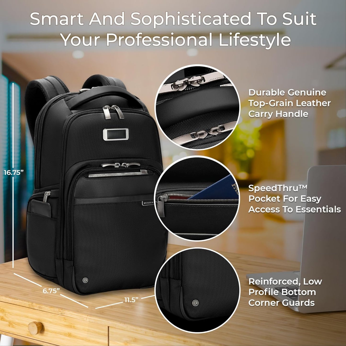 Briggs & Riley Medium Backpack for Women & Men - Laptop Backpack, For Work & Travel, Carry On Size, Lightweight & Durable, Padded Straps, Fits up to 14" Laptop - @work Collection, Black