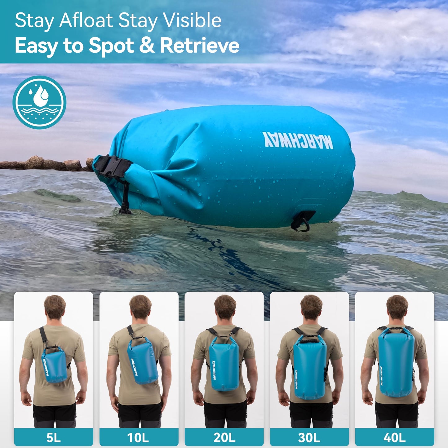 MARCHWAY Floating Waterproof Dry Bag Backpack 5L/10L/20L/30L/40L, Roll Top Sack Keeps Gear Dry for