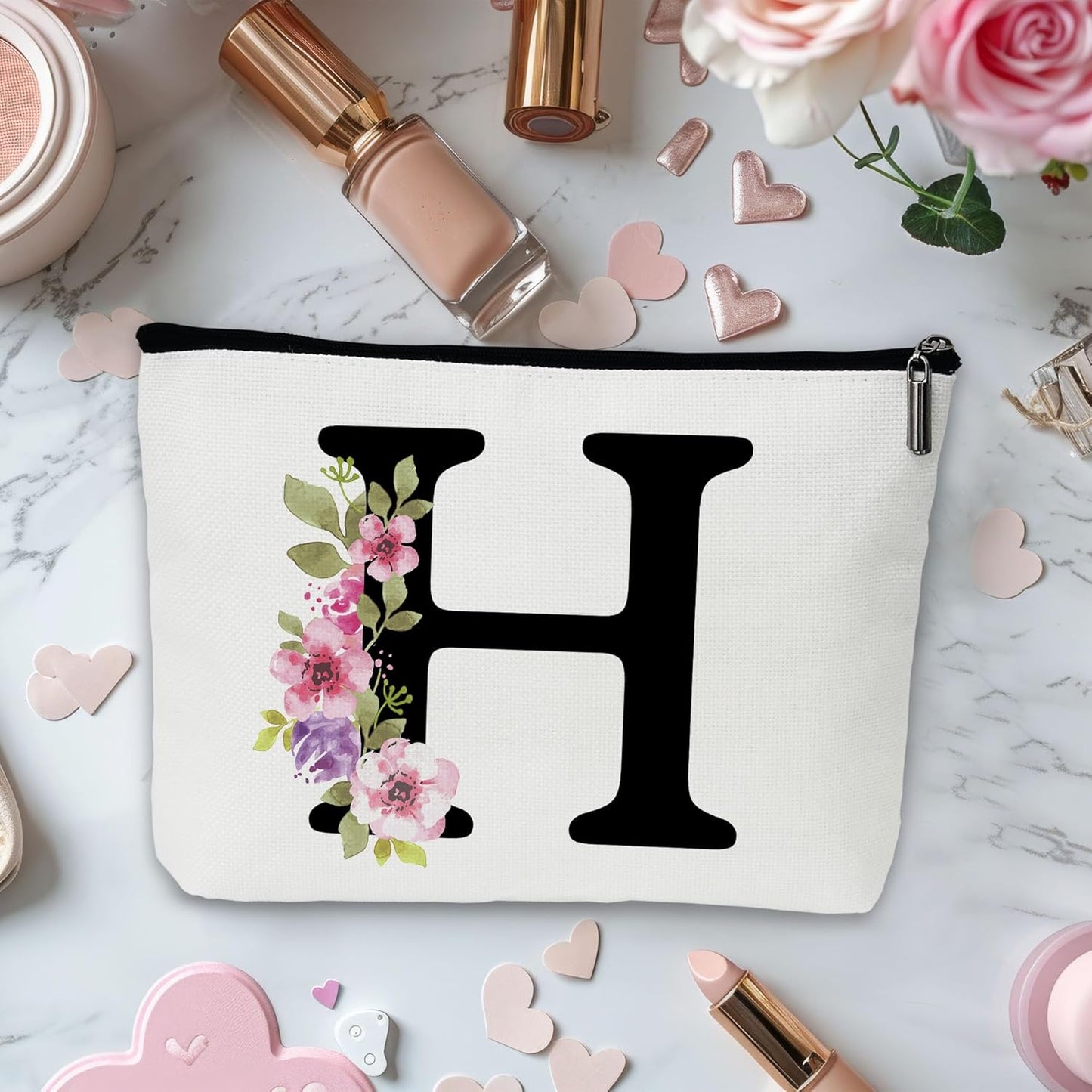 Personalized Letter H Makeup Bag for Women, Birthday Gifts for Mom, Small Zipper Pouch for Purse, Christmas Bridesmaid Friendship Gifts for Sister Daughter, Girls Weekend Gifts for Women-A08