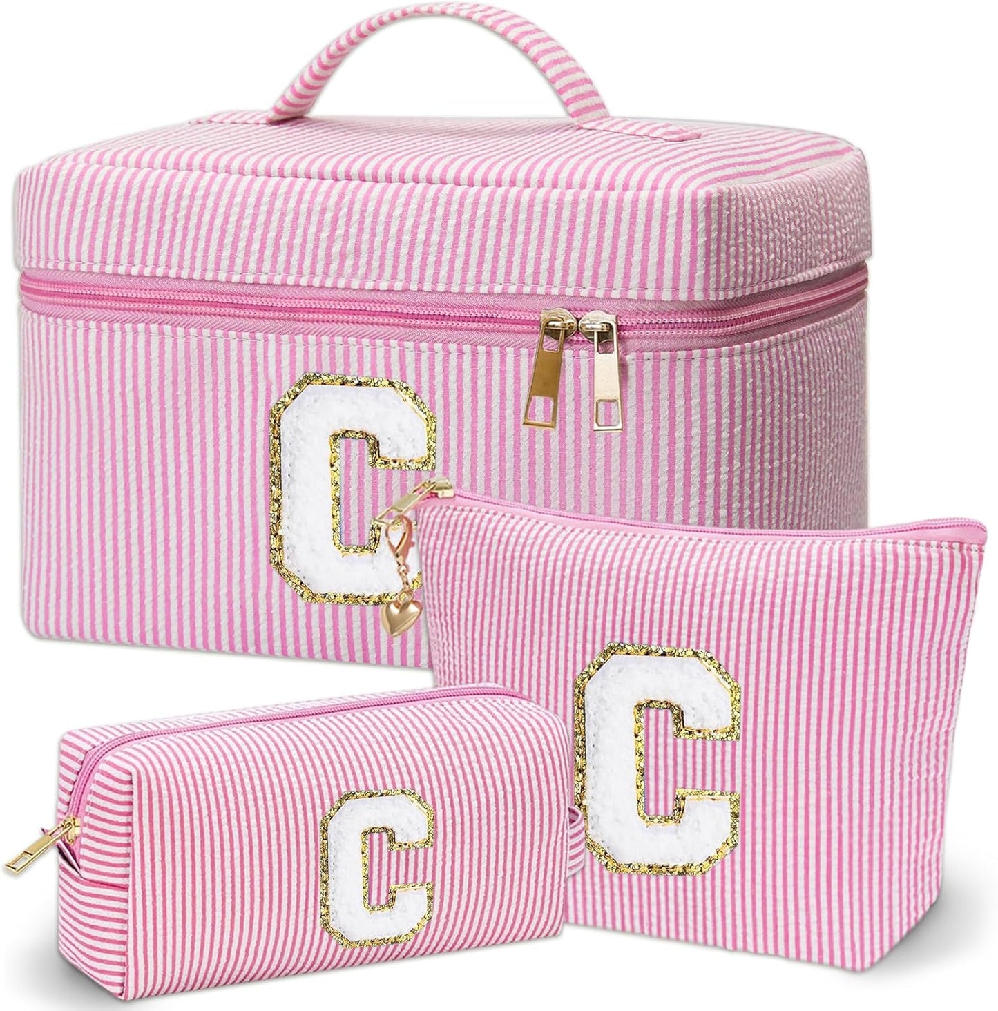 Personalized Monogram Makeup Bag, 3PCS Custom Monogrammed Toiletry Cosmetic Bag for 6-18 Teen Girls Women,Birthday Graduation Gifts Initial Pouch Makeup Bags for Women Girls, Make Up Bag (C, Pink)