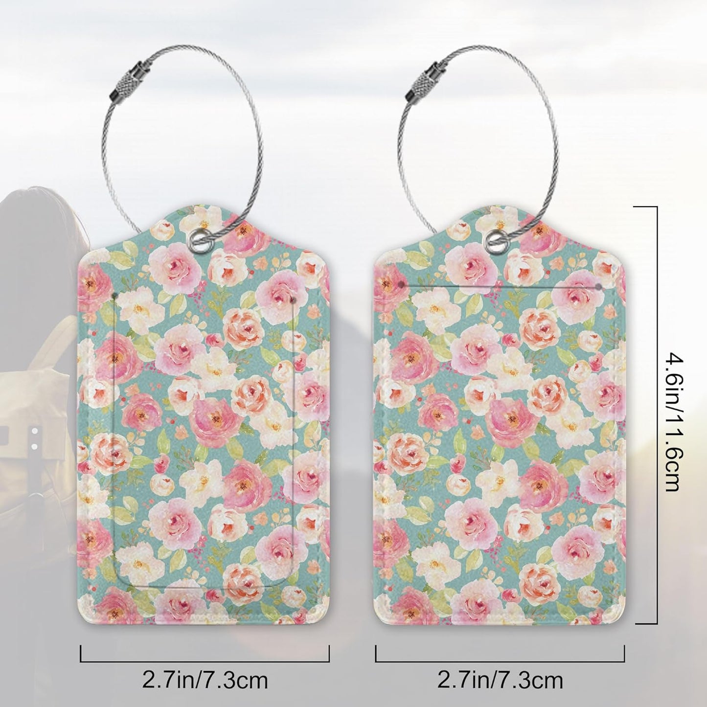2 Pack PU Leahter Luggage Tag with Stainless Steel Loop,Vintage Rose Flower Luggage Tag Travel Suitcase Labels with Privacy Cover ID Label Quickly Spot for Bags & Baggage
