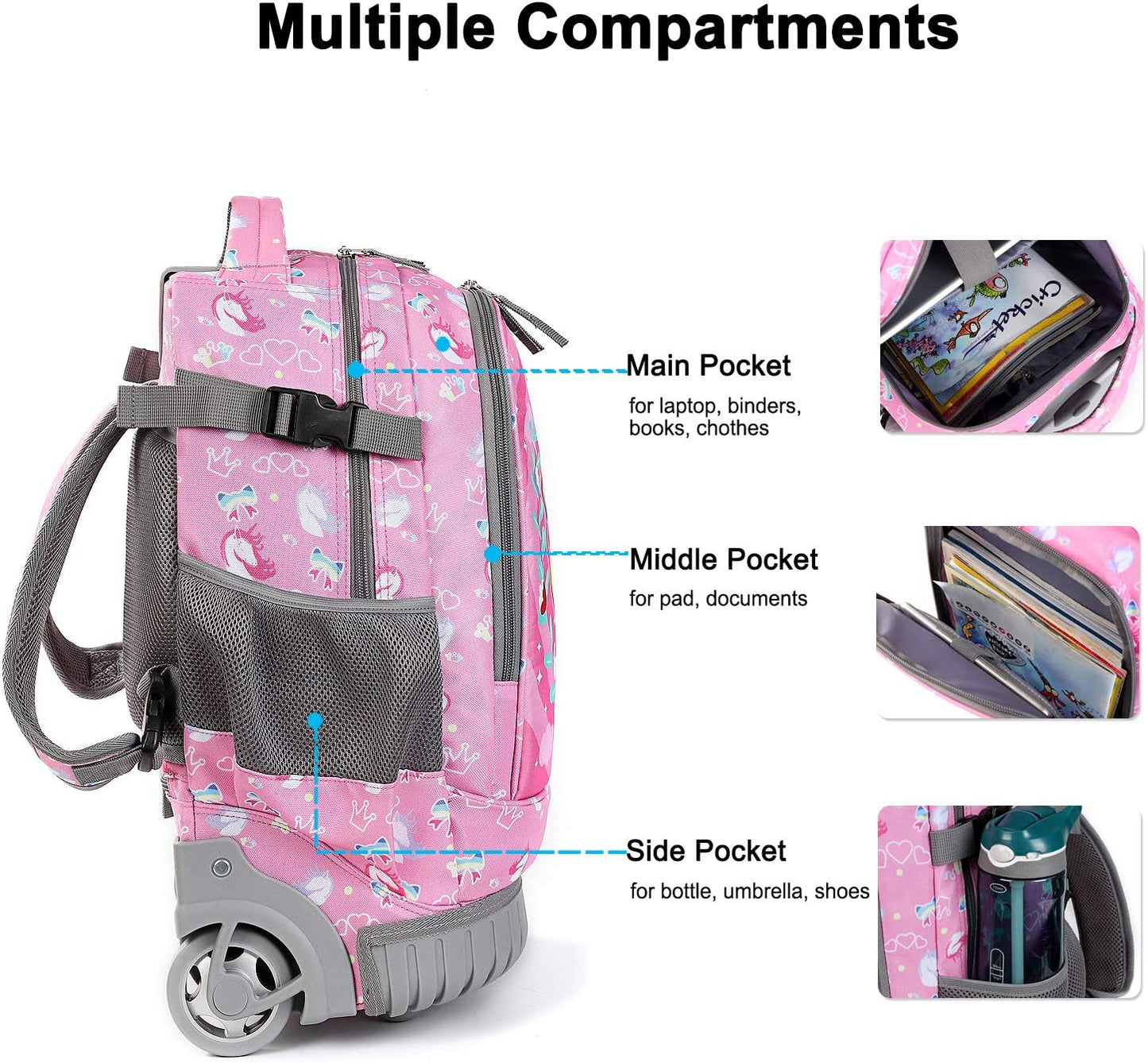 Tilami Rolling Backpack 19 inch with Lunch Bag Wheeled Laptop Backpack (Unicorn Pink)