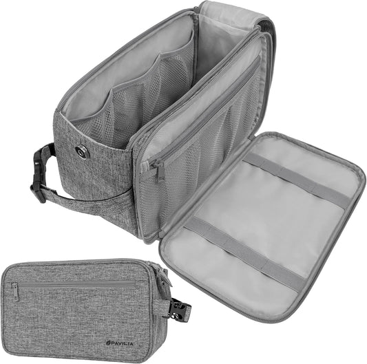 PAVILIA Toiletry Bag for Men, Travel Essentials Shaving Dopp Kit, Mens Travel Bag Toiletries Organizer Case for Grooming, PU Leather Water Resistant Cosmetic Bag Pouch (XL, Heather Grey)