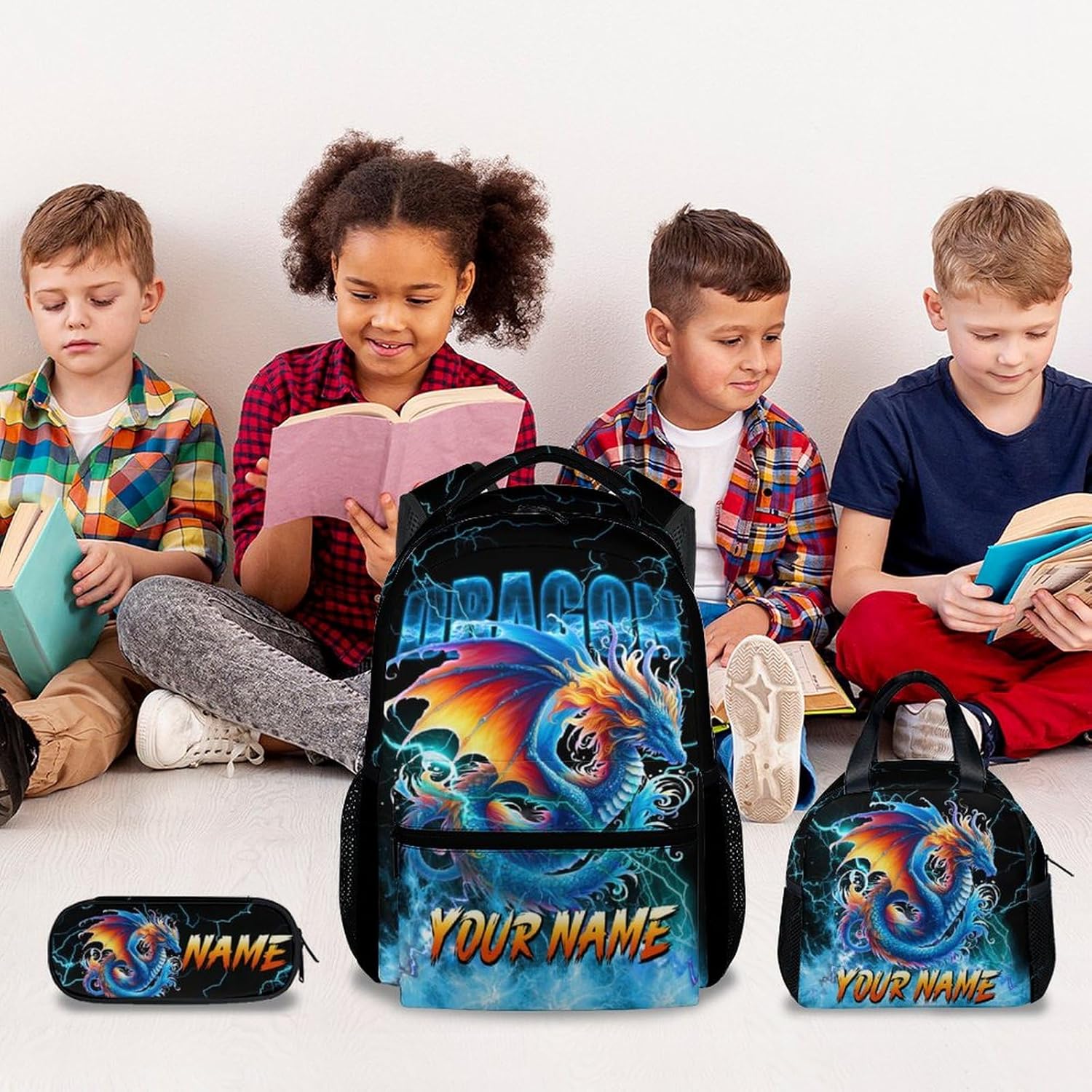 School Backpack Set, Dragon Backpacks for Boys, Personalized Bookbag with Name, 17 Inch Custom