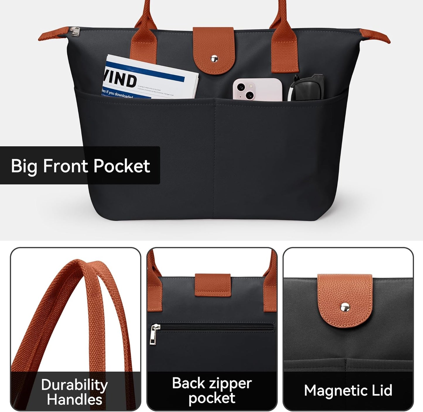 Nylon Tote Bag Women Zipper Shoulder Purse Large Hobo Top Handle Foldable Handbags for Work Travel Shopping