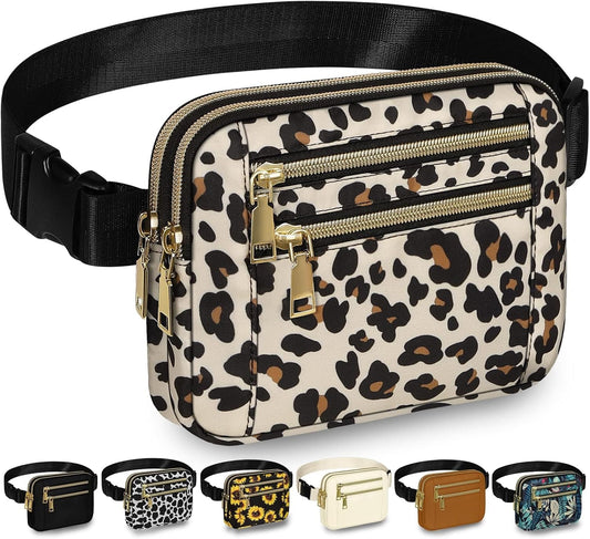 Capolo Fanny Packs for Women Fashion Waist Packs Bag with Adjustable Strap and 4 Zipper Pockets Waterproof Everywhere Crossbody Belt Bag for Workout Running Travelling(Leopard, Large)