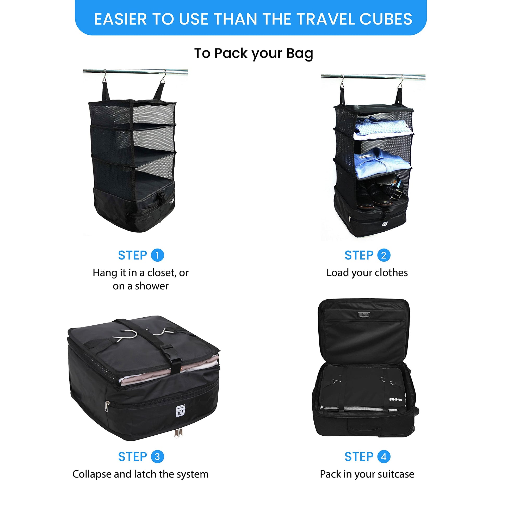 Grand Fusion Stow-N-Go Hanging Travel Shelves, Packing Organizer for Luggage. Carry on Closet for