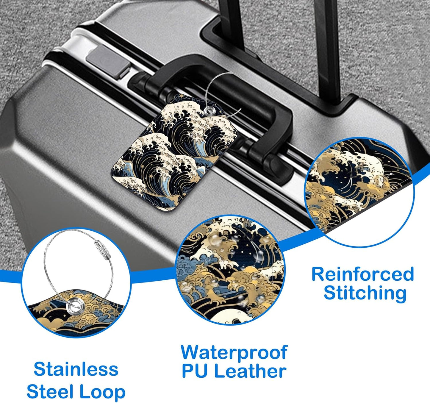 2 Pcs Luggage Tags for Suitcases, Japanese Art Blue and White Waves Leather Bag Tags for Luggage Privacy Cover Name ID Label with Stainless Steel Loop Cruise Airport Travel Essentials