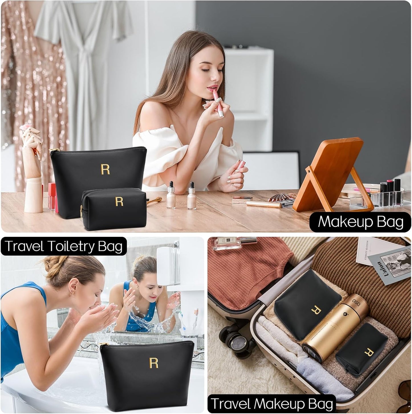Women Gifts | Initial Makeup Bag Set for Girl Personalized Gifts for Bridesmaid Friend Graduation Teachers PU Leather Cosmetic Travel Toiletry Bag(Black,R)