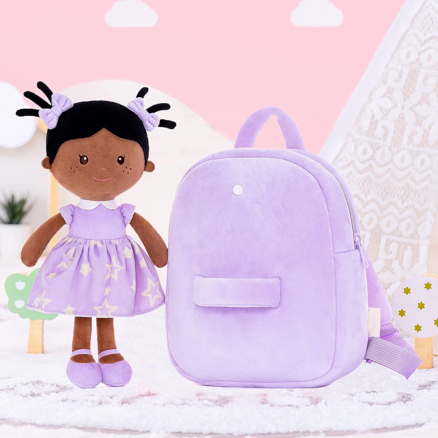 Onetoo Back to School Gifts for Girls Toddler Kids Backpack with Soft Tanned Baby Dolls in Purple Star Dress 9.5"