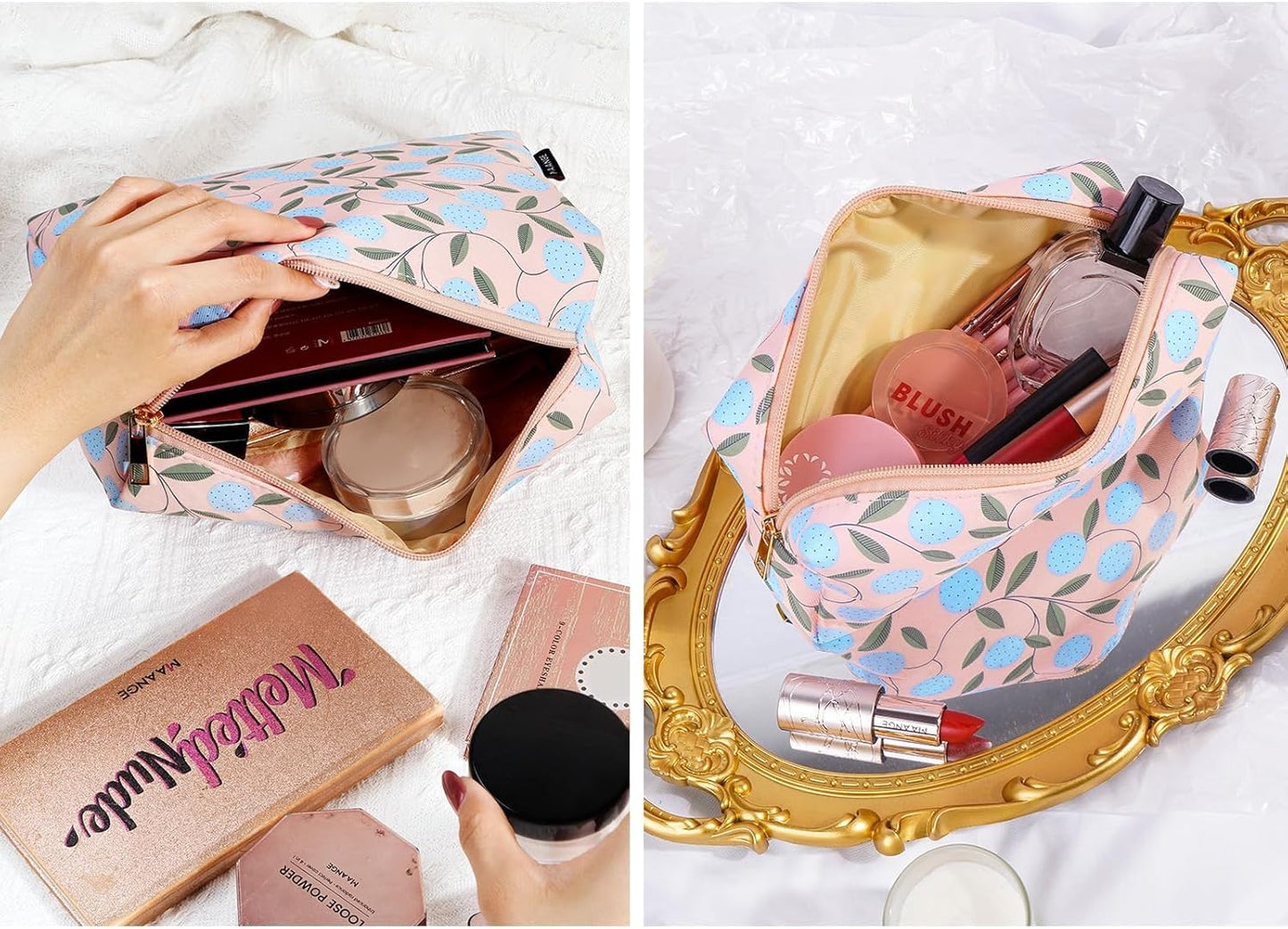 MAANGE 2PCS Makeup Bag for Women, Cosmetic Bag Set, Portable Travel Makeup Bag, Bolsa de Maquillaje, Impermeable Oxford Cloth Make Up Organizer with Gold Zipper(Pink Plants)