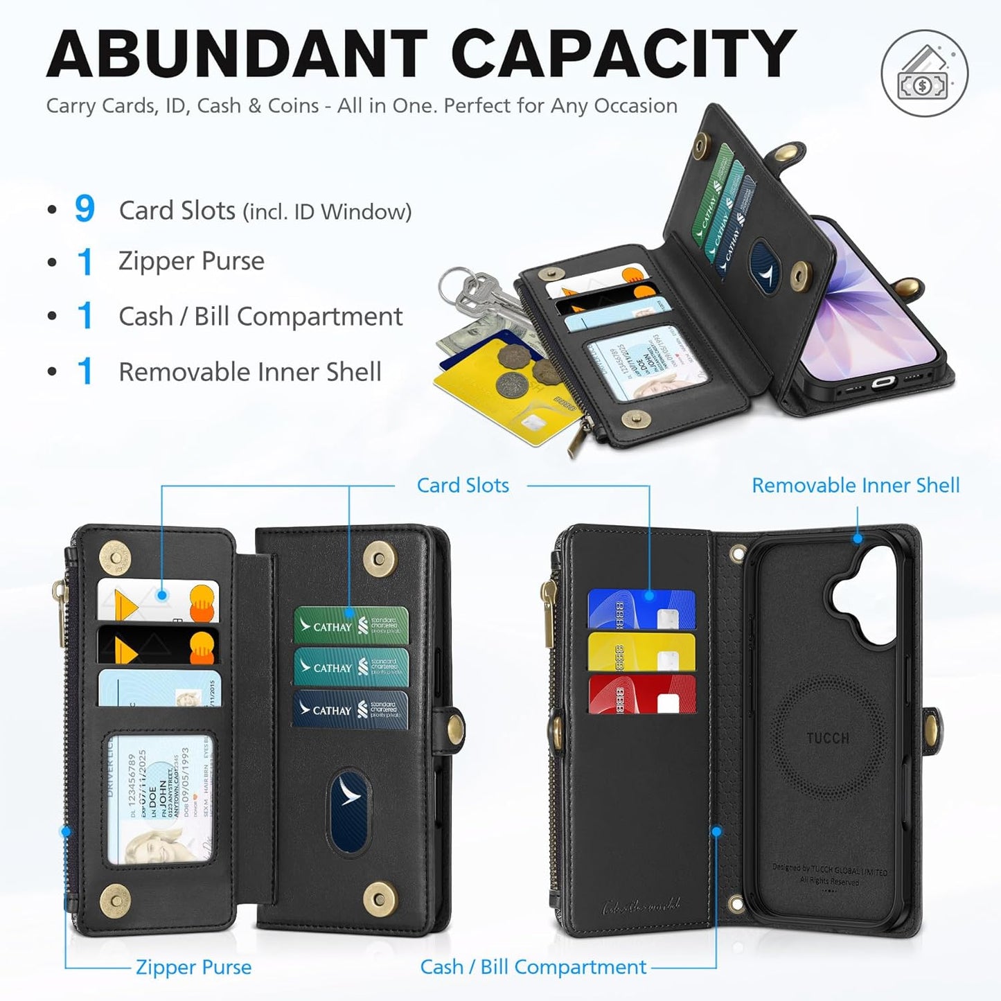 TUCCH Crossbody Detachable Wallet Case for iPhone 17 (6.3") 2025, 9 Card Slots RFID Blocking | Wireless Charging | Wrist Strap | Lanyard | Stand | Zipper Pocket | PU Leather Shockproof Cover | Black