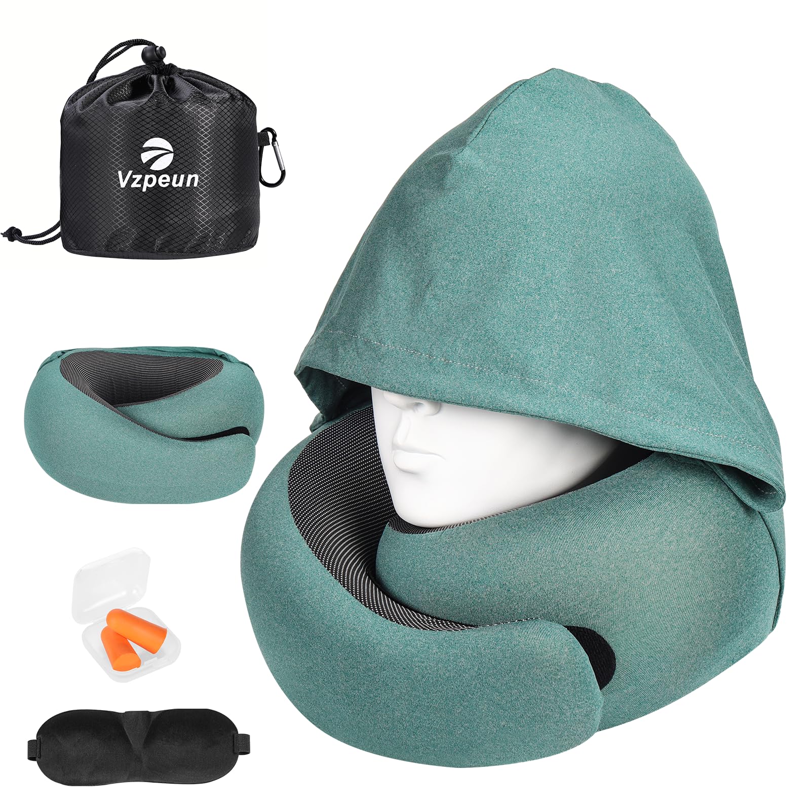 Vzpeun Travel Pillow - Hooded Neck Pillow Airplane Memory Foam Filling