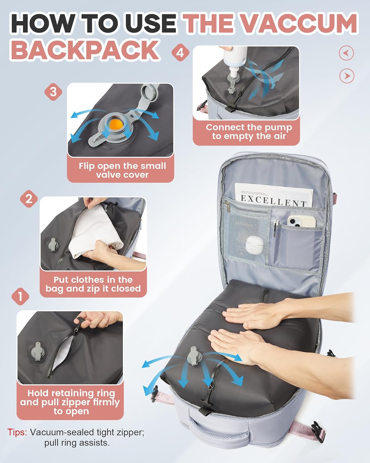 Vacuum Seal Travel Backpack with Air Pump,Compression Waterproof Vacpack Carry On Backpack for Travel Women Men with Vacuum System,Airlines Approved Daypack Laptop Space Saver Bags Grey