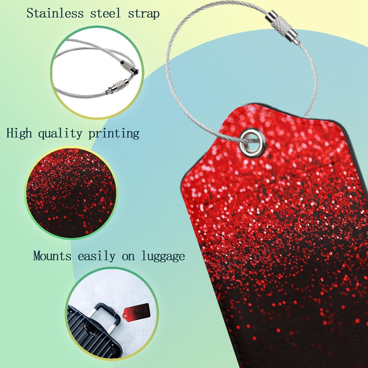 Red 2 Pack Luggage Tag for Suitcases Red Black Glitter PU Leather Bag Travel Suitcase ID Identifier Baggage Tags for Women Men Travel