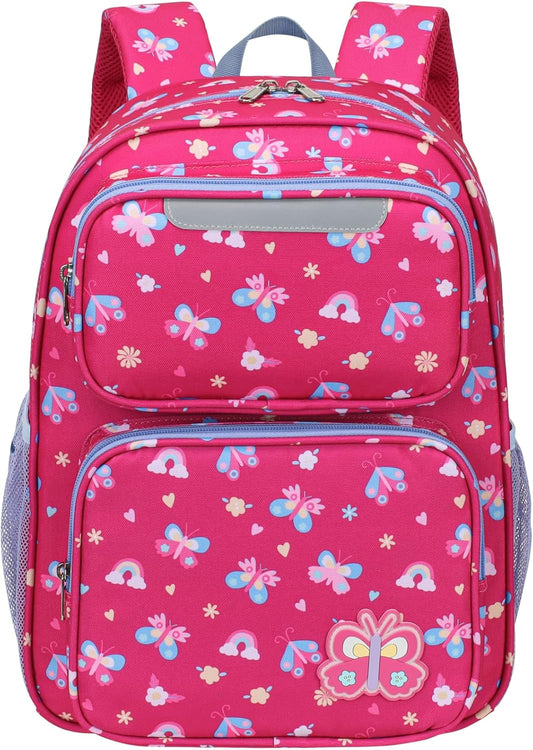 Kids Backpack for Girls - 15 Inch Backpack for Kids 3 to 8, Lightweight Bookbag for Preschool Kindergarten Elementary School, Insulated Pocket, Safe Reflective Stripe, Rose Pink Butterfly