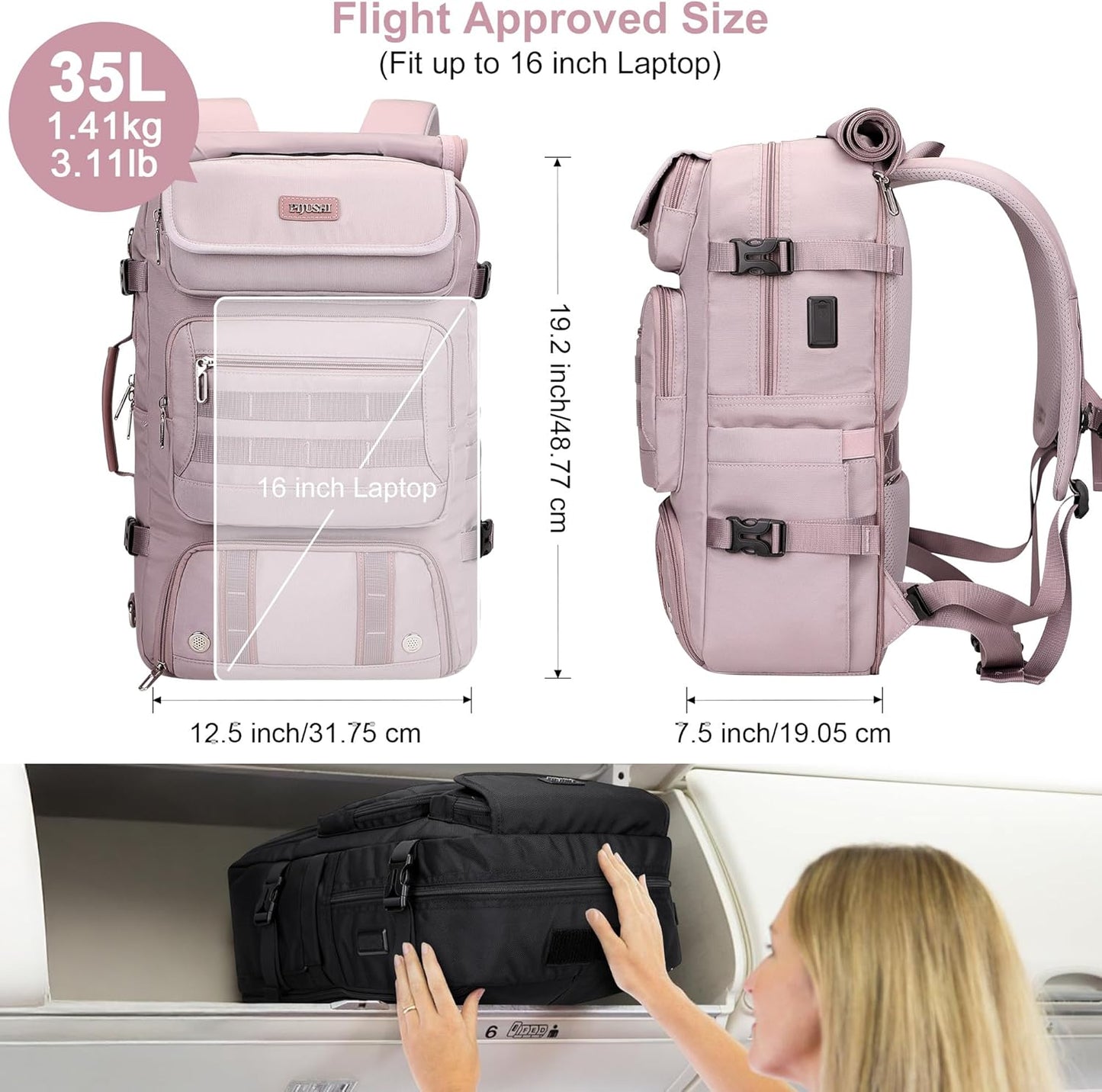PIJUSHI Travel Backpack for Women Carry on Duffle Bag Backpack For Airplanes Luggage Rucksack with Shoe Compartment(PE048 Light Purple)