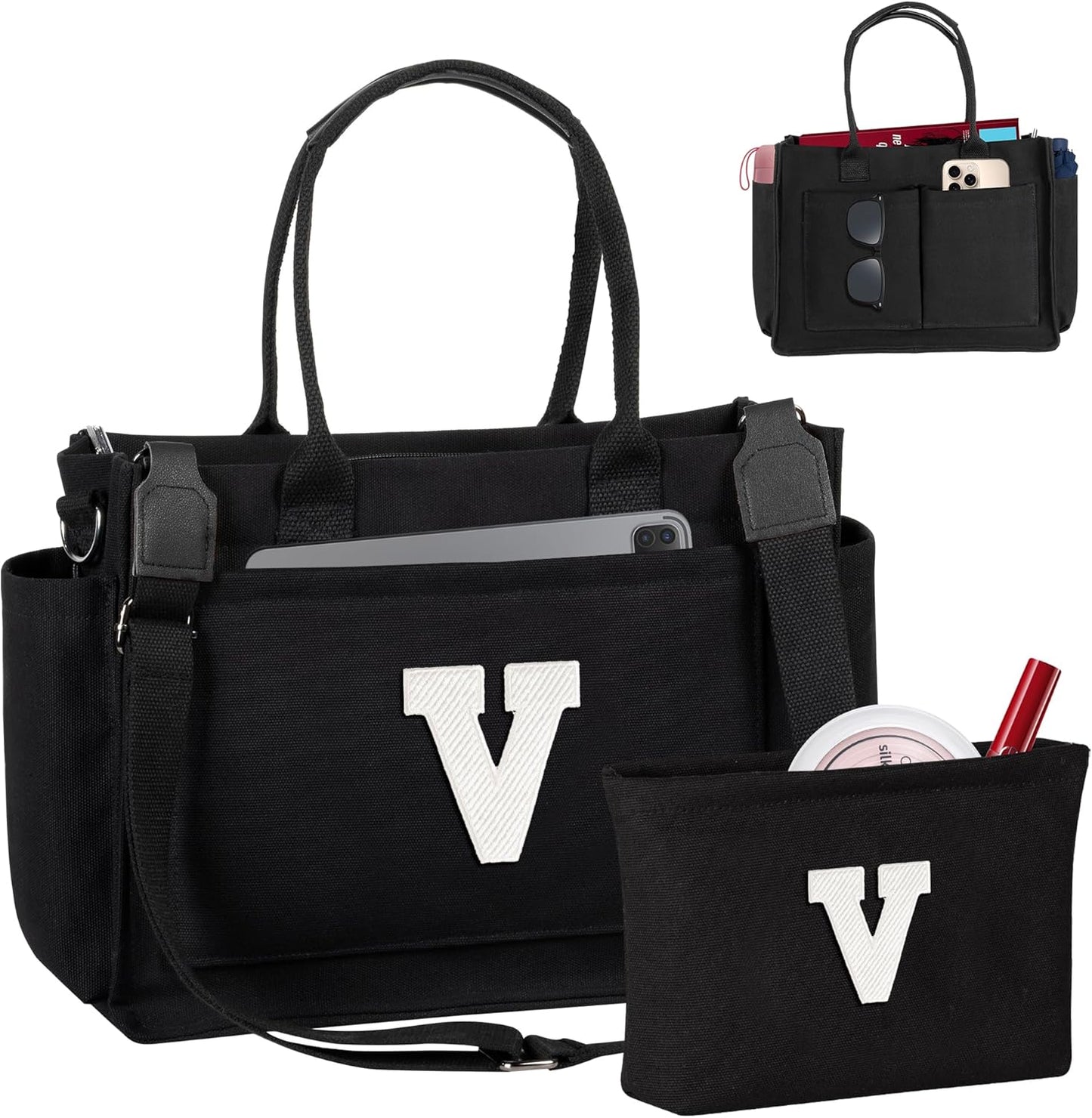 Gifts for Women Teen Girls, Initial Tote Bag with Zipper, Letter Canvas Tote Purse for College Work Laptop Beach