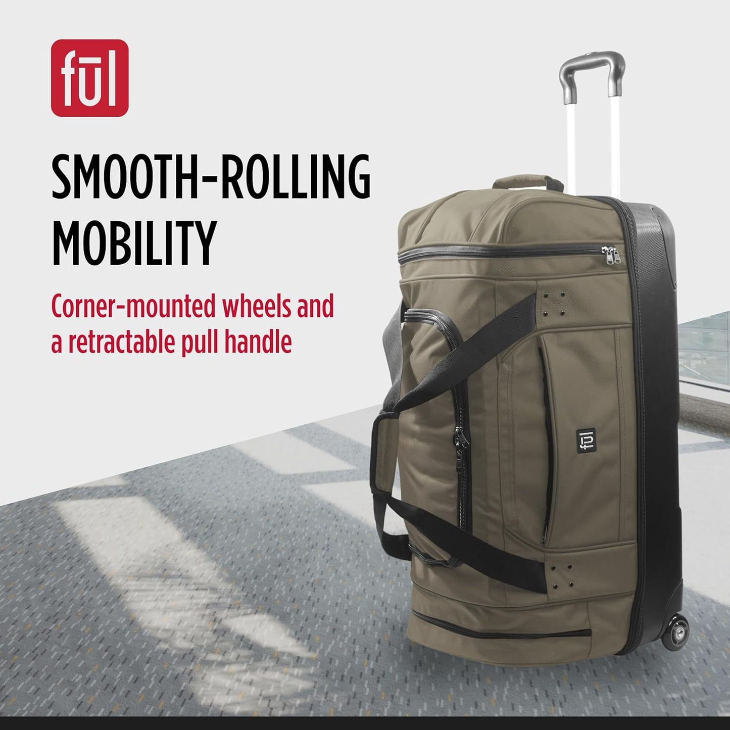 FUL Workhorse 30 Inch Rolling Duffel Bag, Checked Travel Luggage with Hardshell Base and Wheels