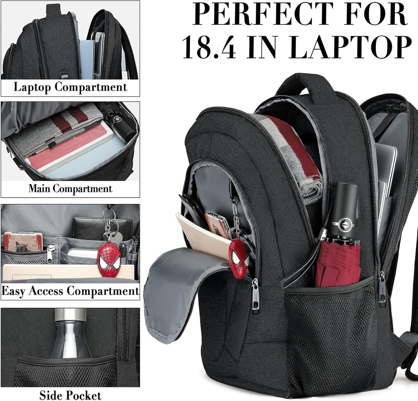 BIKROD 45L Extra Large Travel Laptop Backpack for Men and Women, Carry on Back Pack with USB Charging Port Fit 18.4 IN Laptop, Black, Gift
