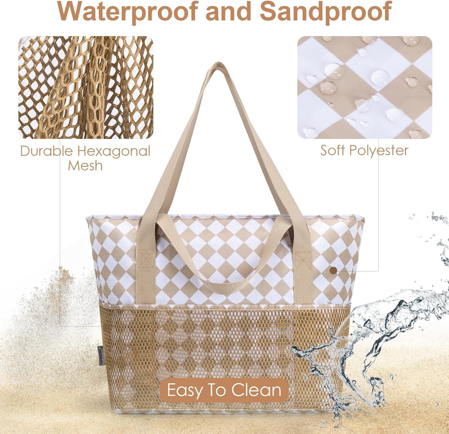 KABAQOO Large Beach Bag Waterproof Sandproof Tote Bag for Women with Zipper & Mesh Pockets for Pool Swim Travel Everyday