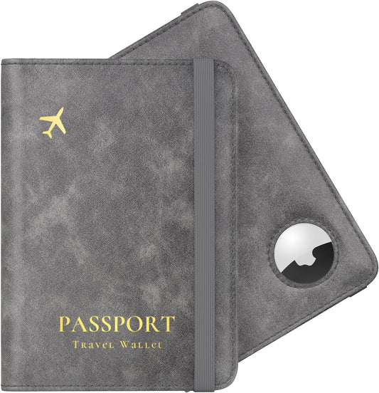 Stouchi AirTag Passport Wallet, Grey, Unisex, Faux Leather, RFID Blocking, Anti-Waterproof