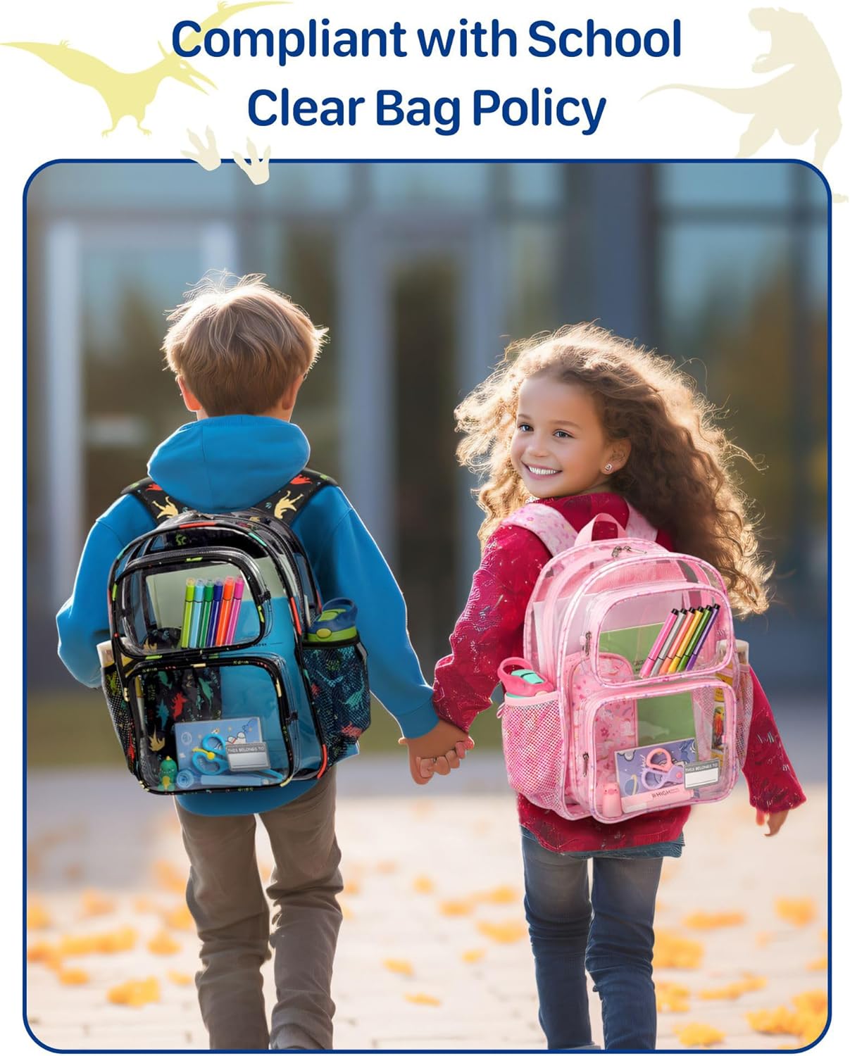 Bagseri 2pcs Clear Backpack for Boys - 15 Inch Clear Bookbag for Kids Aged 3 to 8 Heavy Duty Transparent Backpack for School, Black Dinosaur & Blue Dinosaur