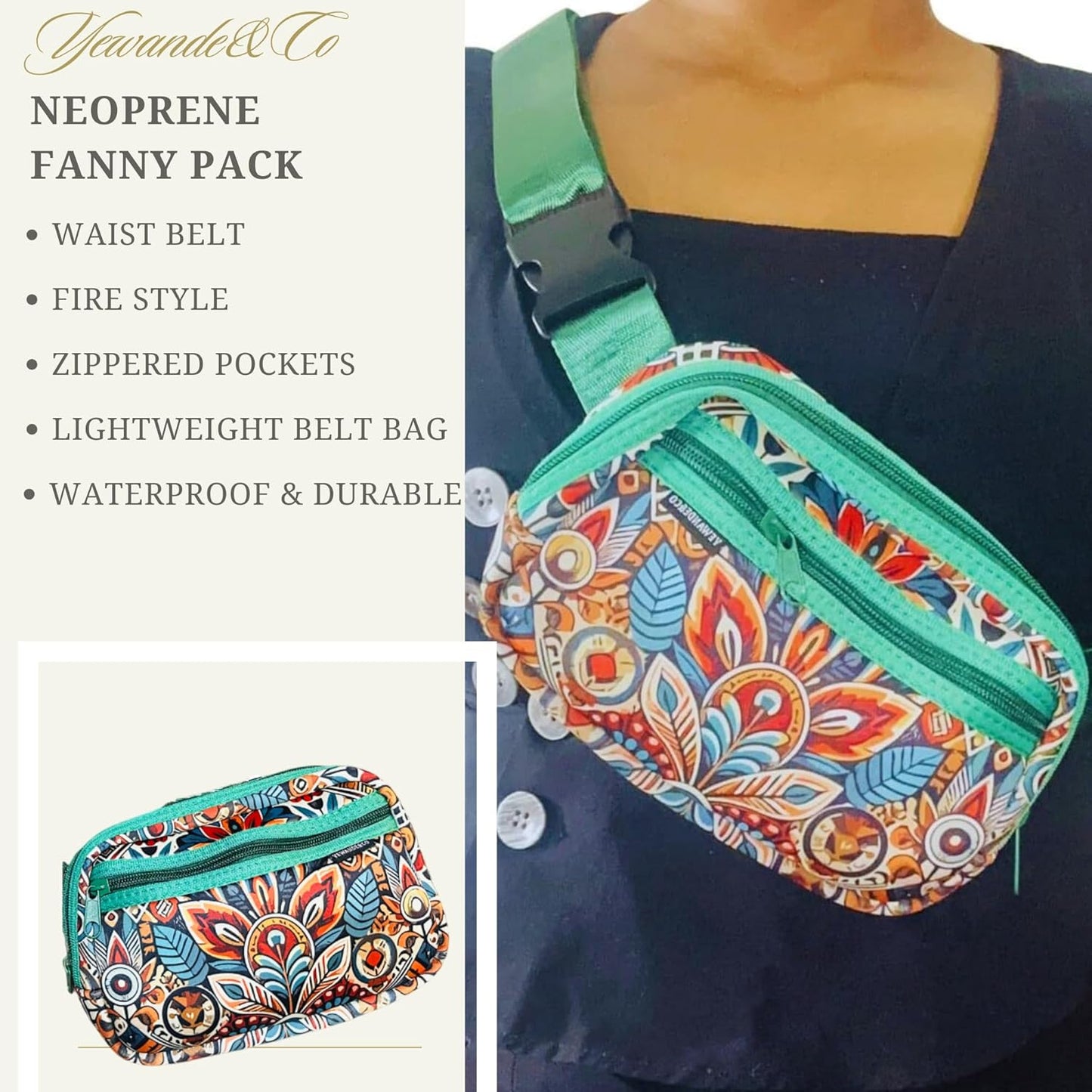 Yewande&co Neoprene Fanny Pack Belt Bag – Lightweight Waterproof Waist Bag with Adjustable Strap, 3 Zippered Pockets, Crossbody Belt Bag for Travel, African Design Crossbody Bags (Fire)
