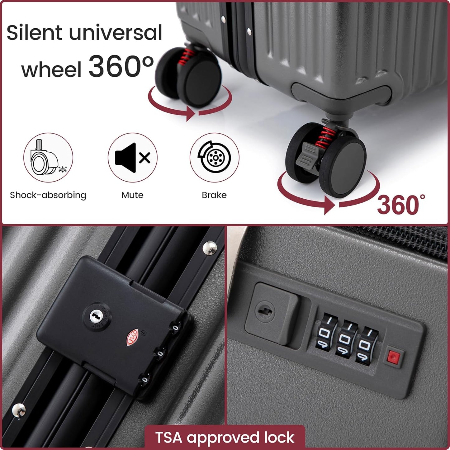 20 Inch Carry On Luggage with Spinner Wheels,Aluminum Frame PC Hard Shell Suitcase with USB Port,Lightweight Travel Luggage Airline Approved for Men Women (Iron Gray)