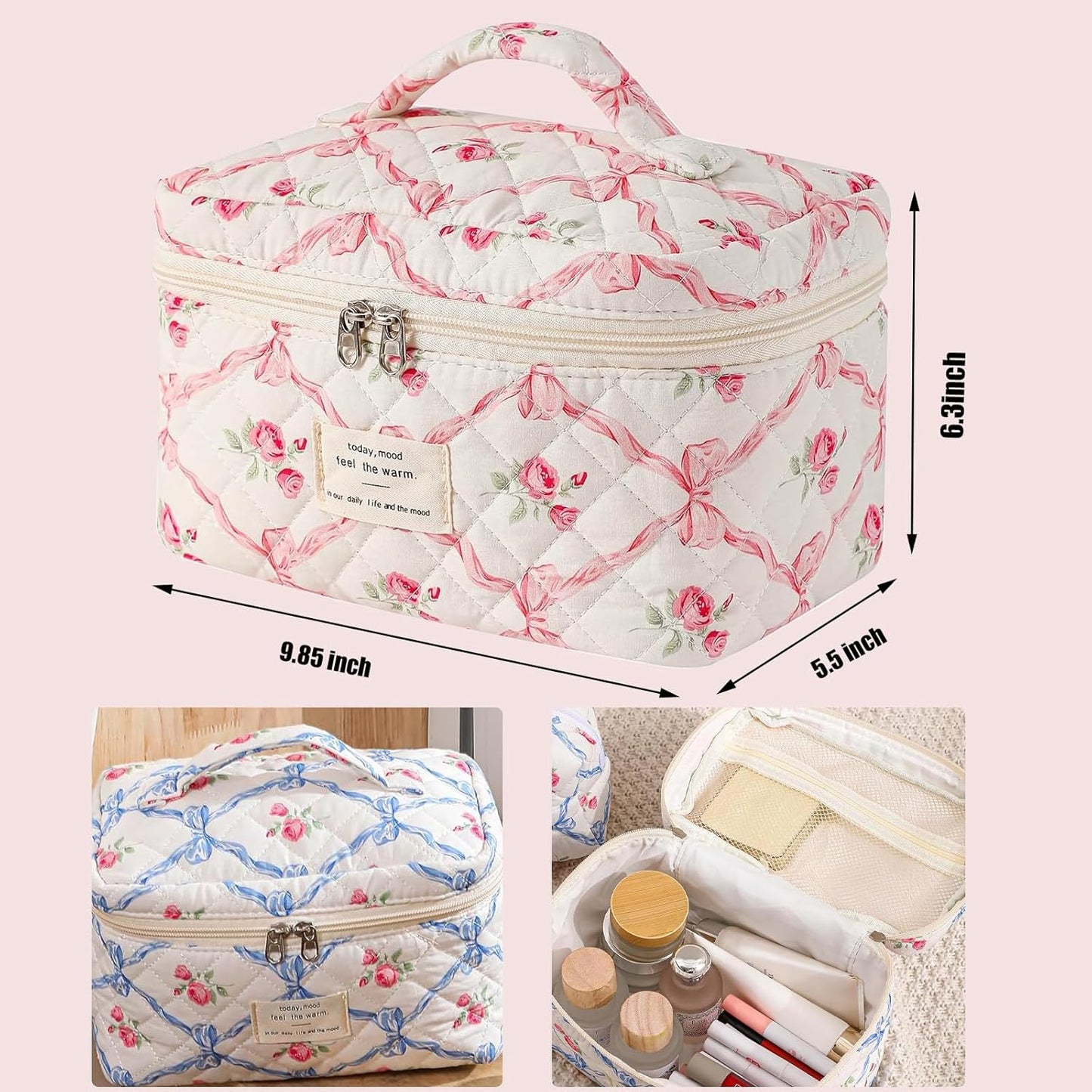 Quilted Makeup Bag, Large Makeup Bag, Cute Cosmetic Bags for Women Girls, Floral Coquette Aesthetic Patchwork Travel Toiletry Make Up Organizer Bag-Pink Bow