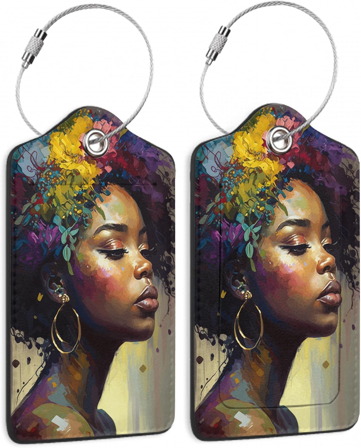 Luggage Tags for Suitcase,2 Pack African Girl Flowers Luggage Tag PU Leather Privacy Cover ID Label with Stainless Steel Loop for Women Men Teens Travel