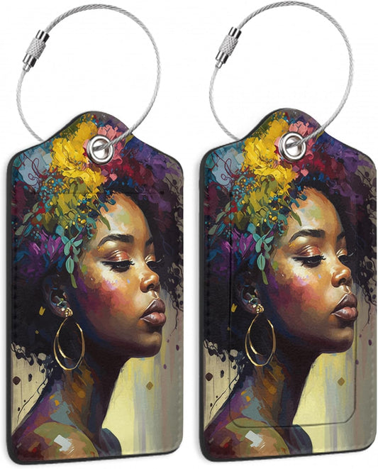 Luggage Tags for Suitcase,2 Pack African Girl Flowers Luggage Tag PU Leather Privacy Cover ID Label with Stainless Steel Loop for Women Men Teens Travel