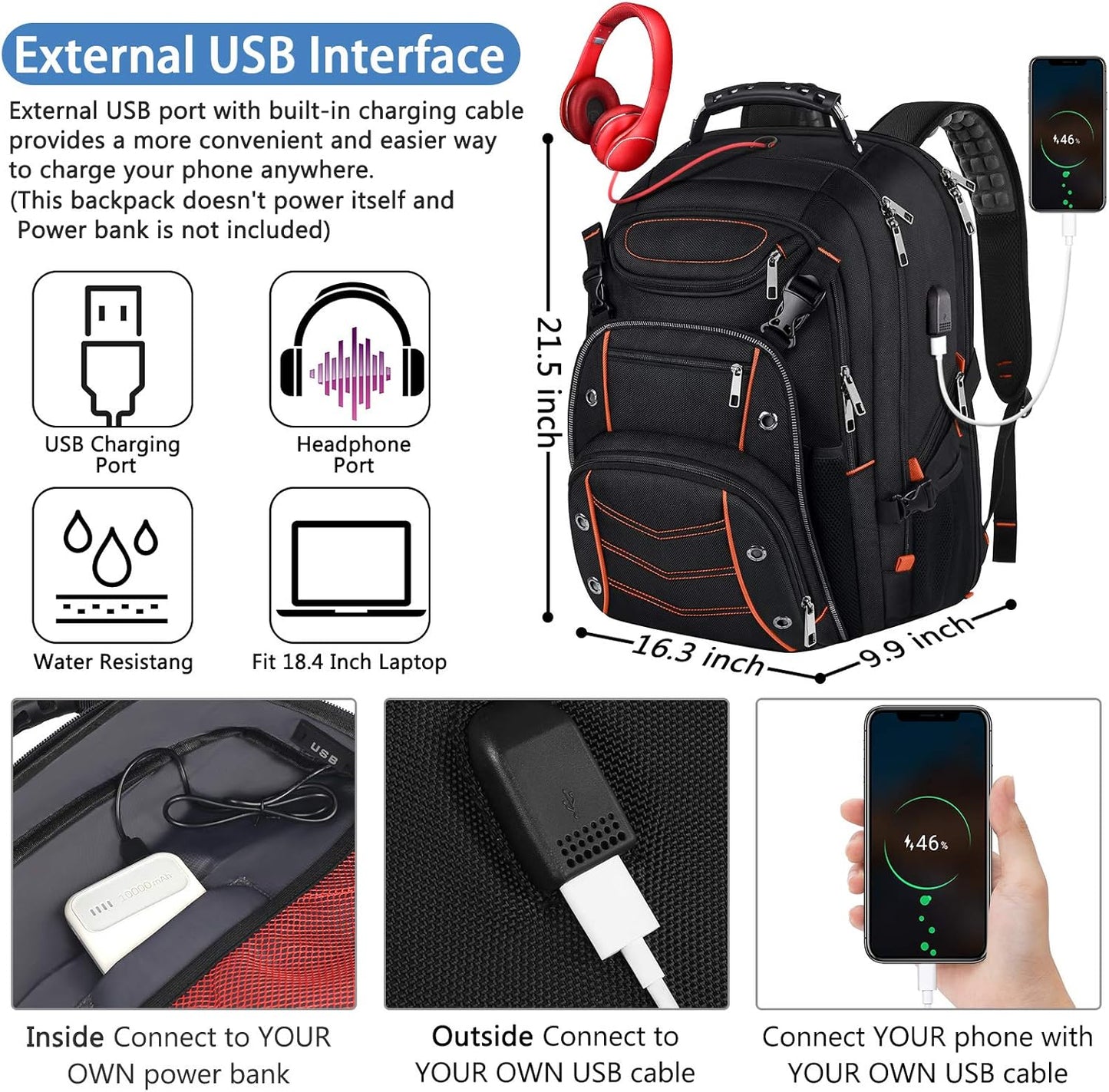 VECKUSON 18.4 Laptop Backpack for Men, 55L Extra Large Gaming Laptops Backpack with USB Charger