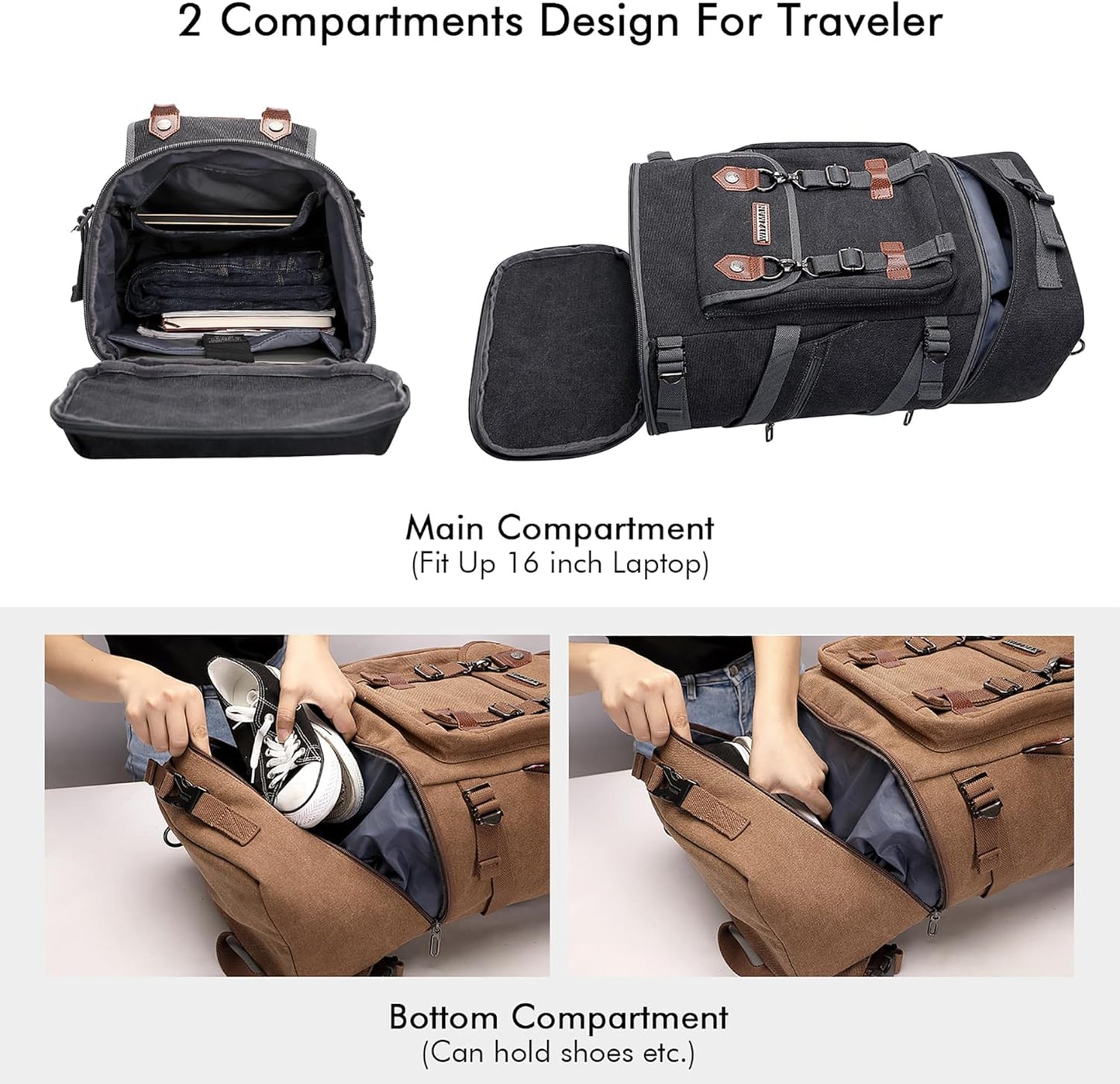 WITZMAN Travel Backpack for Men Women Canvas Backpack Carry on Luggage Rucksack Convertible Duffel Bag Large (A568 Black)
